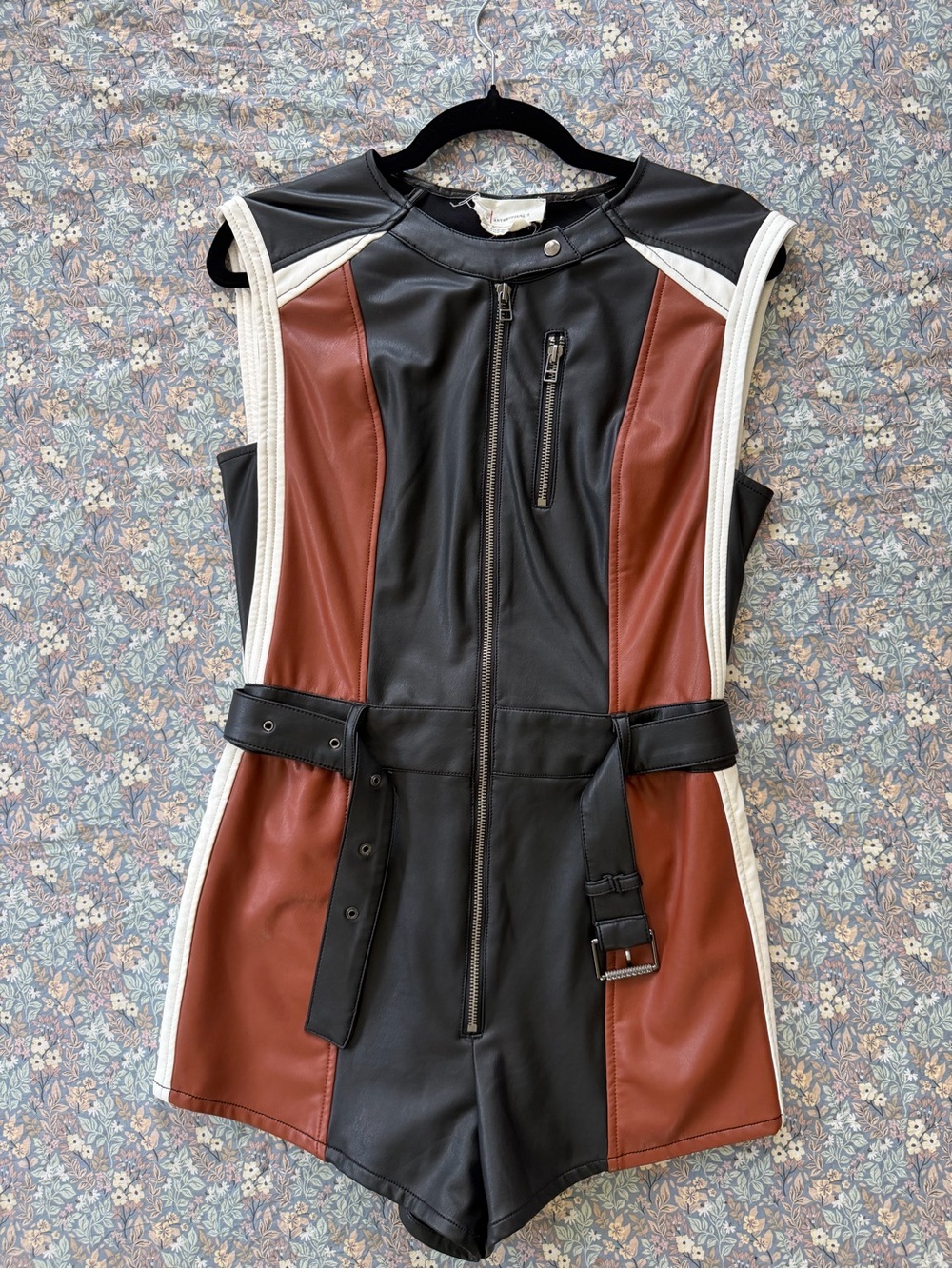 Anthropologie Black & Brown Faux Leather Sleeveless Romper Jacket